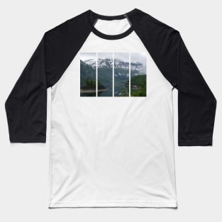 Wonderful landscapes in Norway. Vestland. Beautiful scenery of an island in the Roldalsvatnet lake. Snowed mountains and trees on rocks in background. Cloudy day Baseball T-Shirt